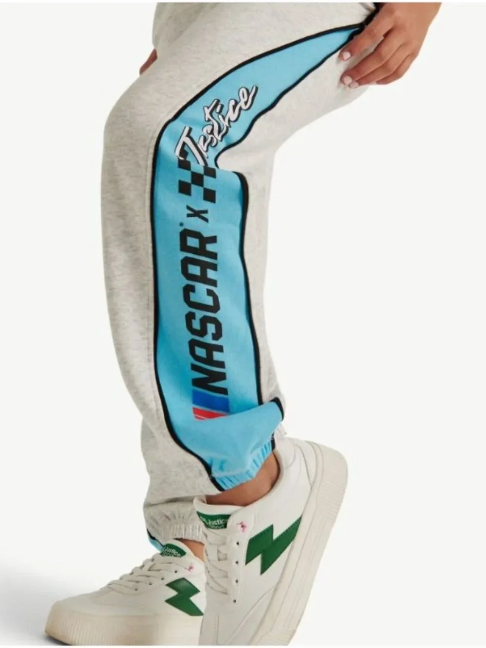 NASCAR X Justice Girls Heather Gray & Blue Jogger Sweatpants With Side Stripe &